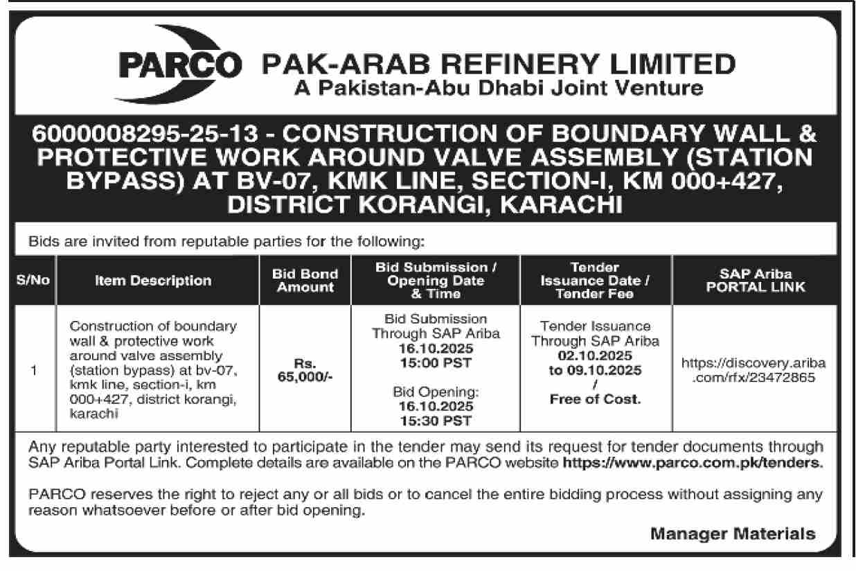 Pak Arab Refinery Limited Tender Notice